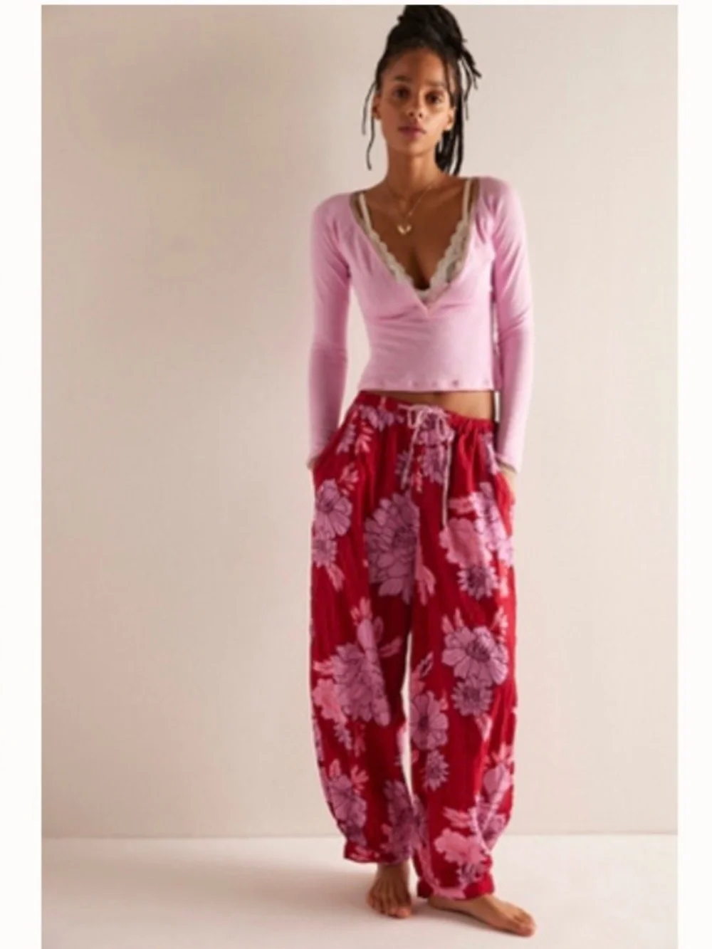 Free People On Repeat PJ Pants Red/Pink Floral XL NWT - Picture 1 of 4